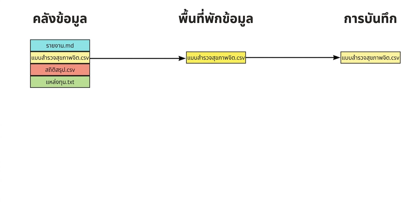 ไฟล์สี่ไฟล์ในรีโพ โดยสามไฟล์ถูกเพิ่มในพื้นที่ Staging และหนึ่งไฟล์ถูก Commit แล้ว ได้แก่ report.md, mental health survey.csv และ summary statistics.csv