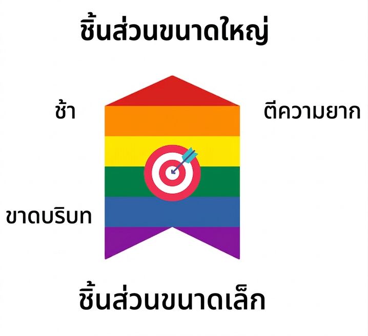 ลูกศรแสดงว่าขนาด chunk ที่เหมาะสมอยู่ตรงกลาง ขนาดใหญ่เกินไปทำให้ดึงข้อมูลช้าและตีความยาก ขณะที่ขนาดเล็กเกินไปอาจมีบริบทไม่เพียงพอ