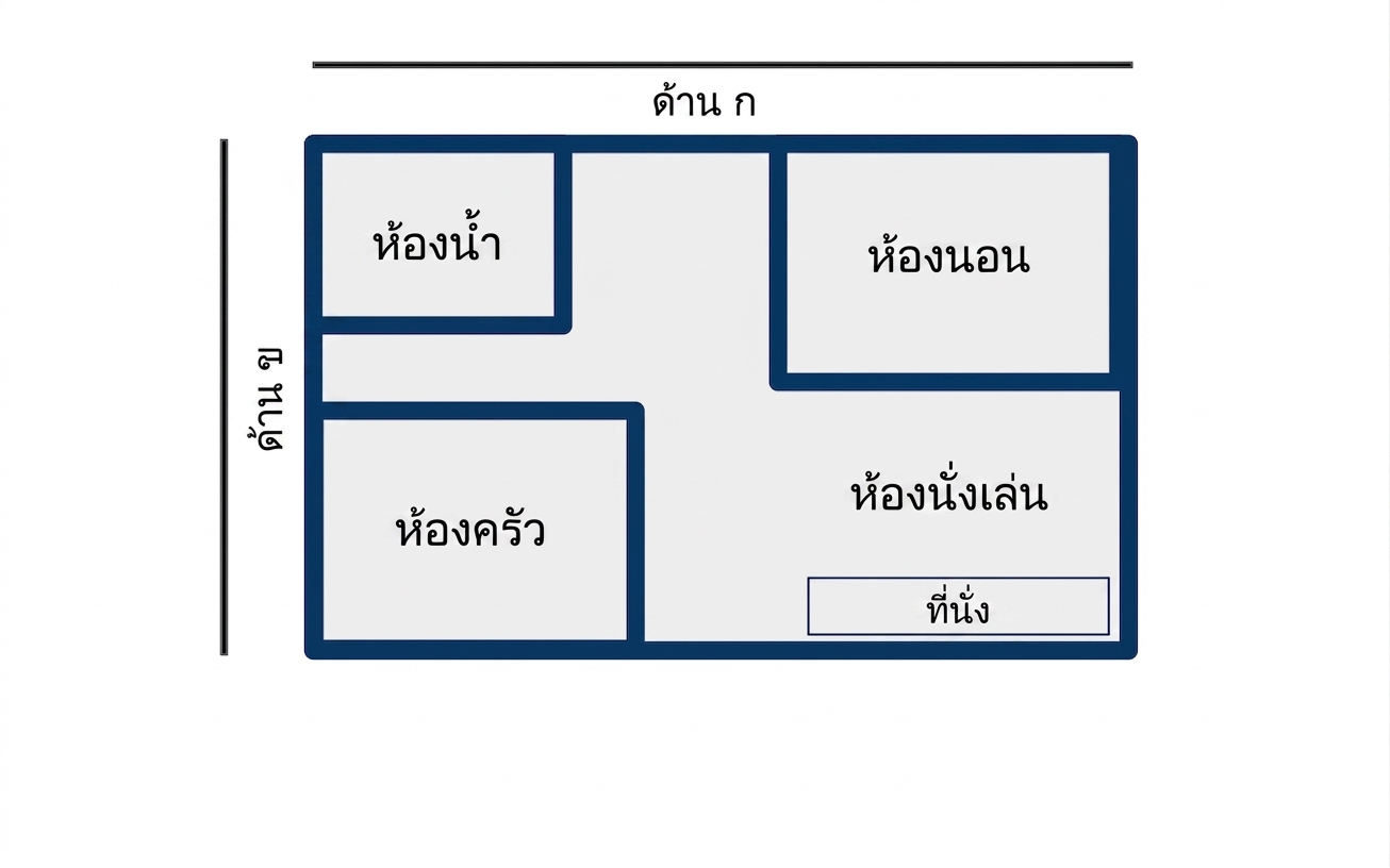 ผังพื้นอพาร์ตเมนต์สตูดิโอทรงสี่เหลี่ยม โดยความยาวและความกว้างถูกระบุว่า "side a" และ "side b" ตามลำดับ