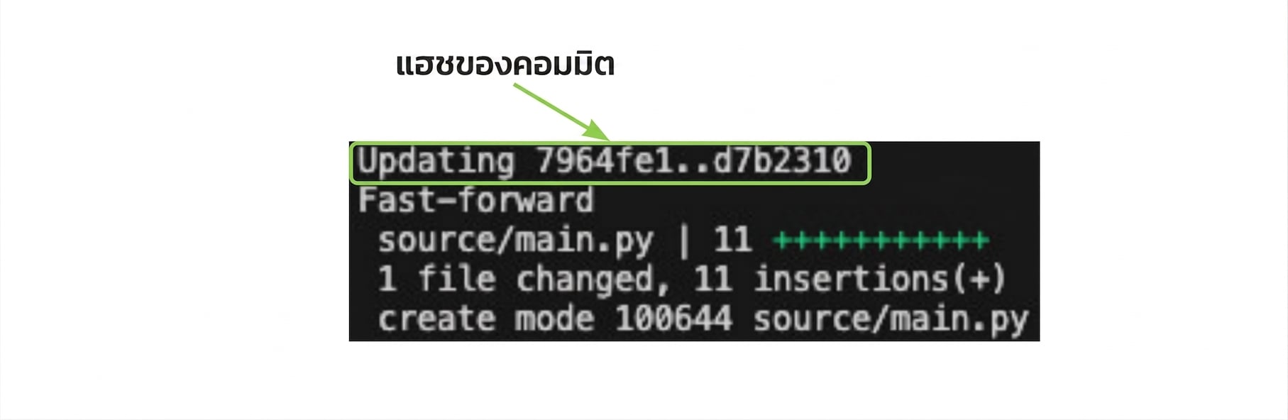 ผลลัพธ์ git_merge พร้อมไฮไลต์ commit hash