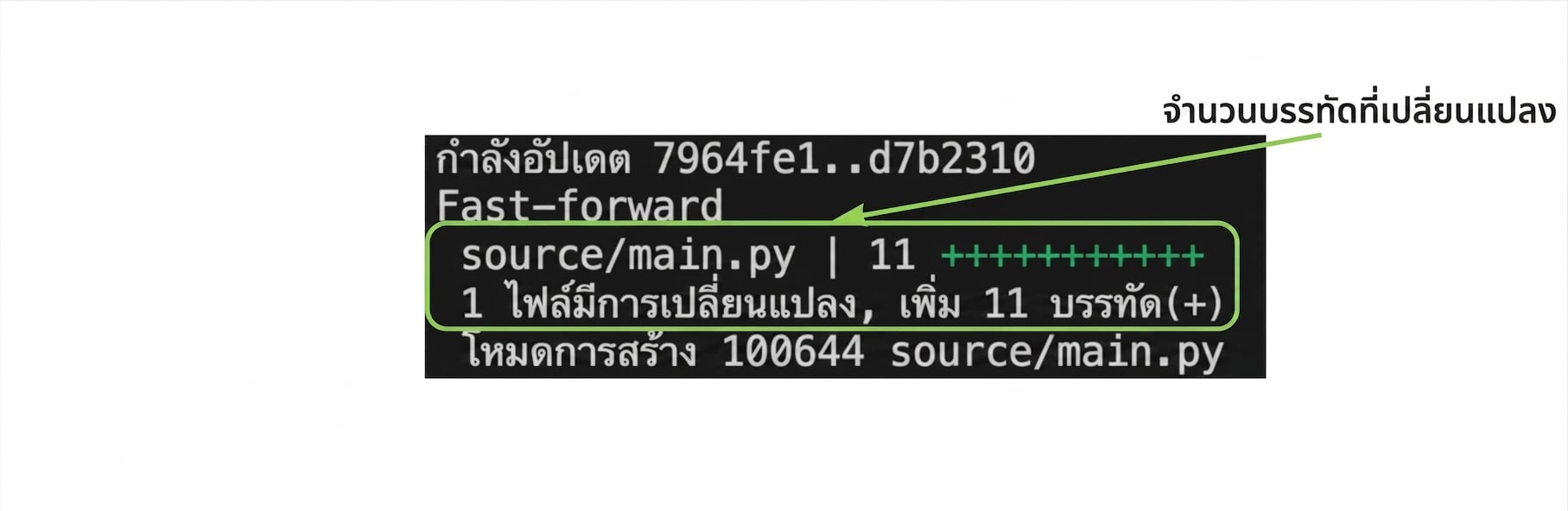 ผลลัพธ์ git_merge พร้อมไฮไลต์จำนวนบรรทัดที่เปลี่ยนแปลง