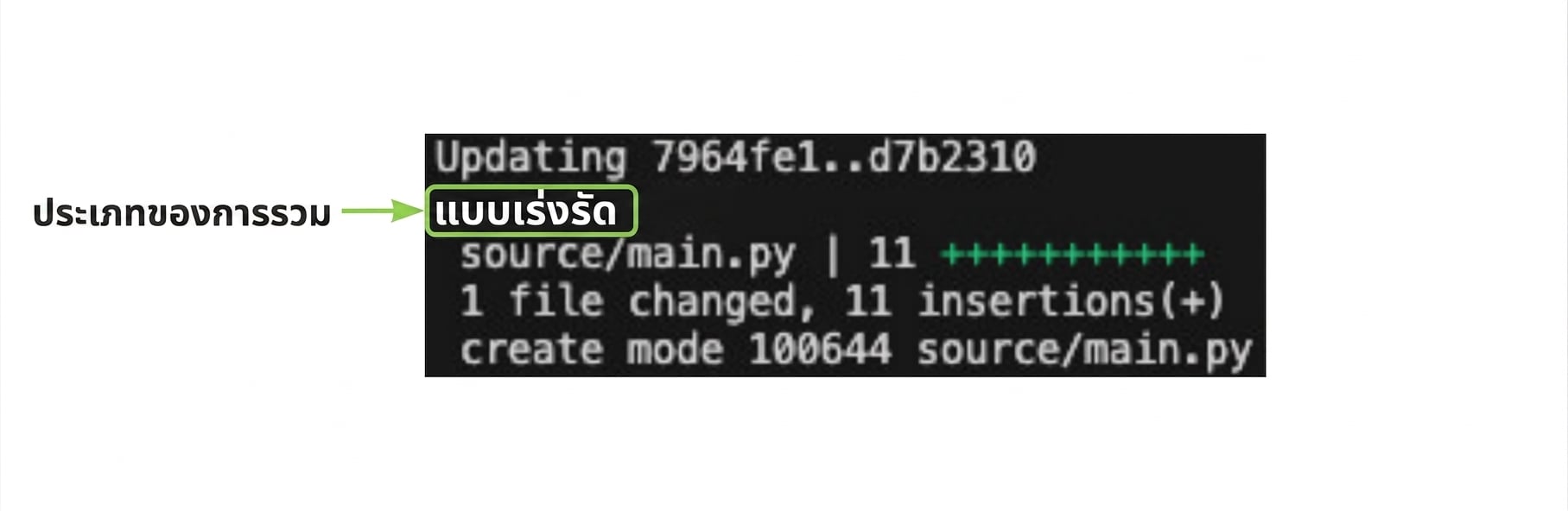 ผลลัพธ์ git_merge พร้อมไฮไลต์ประเภทของการ merge