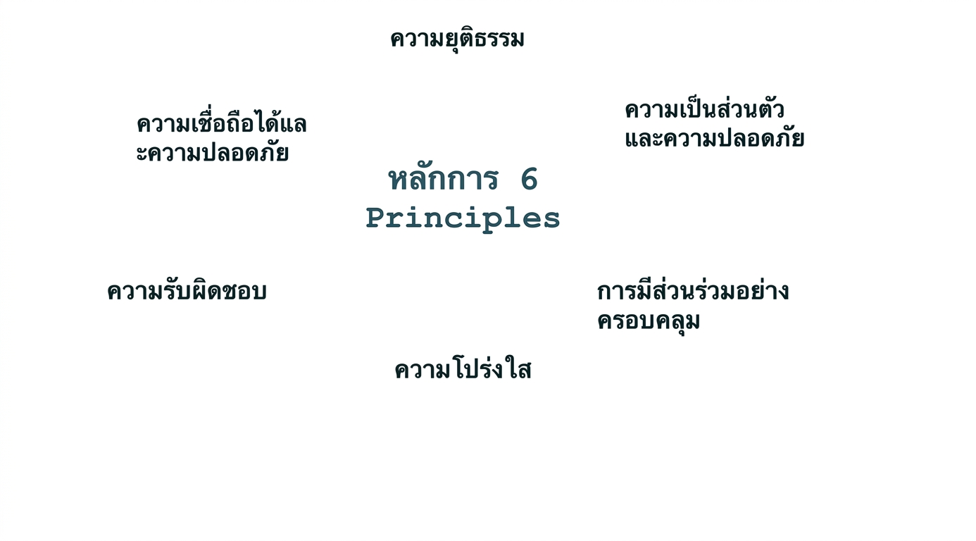 ข้อความระบุว่า "หกหลักการ" พร้อมคำอธิบายหลักการแต่ละข้อโดยรอบ: ความเป็นธรรม ความเป็นส่วนตัวและความปลอดภัย ความน่าเชื่อถือและความปลอดภัย ความรับผิดชอบ การครอบคลุมทุกกลุ่ม และความโปร่งใส