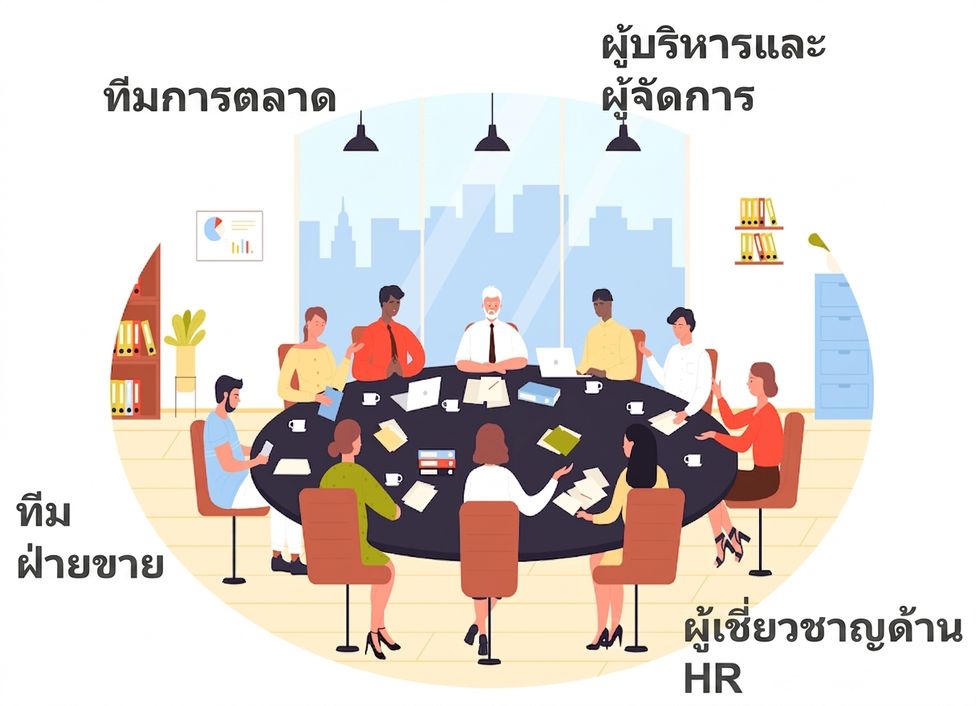 ภาพประกอบกลุ่มผู้เชี่ยวชาญที่หลากหลาย ได้แก่ ฝ่ายการตลาด การขาย HR และผู้บริหาร นั่งประชุมรอบโต๊ะขนาดใหญ่ในห้องประชุม
