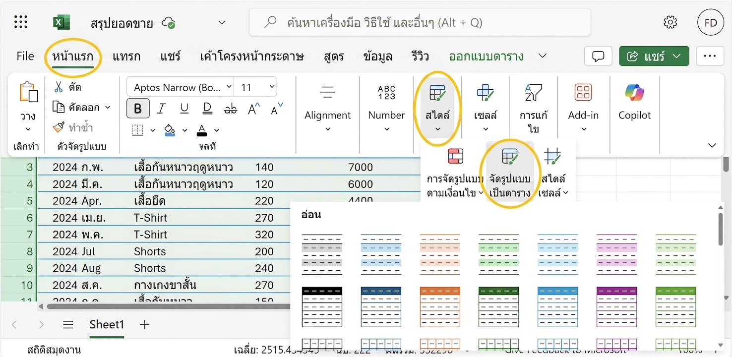 เอกสาร Excel ที่เปิดอยู่ แสดงวิธีจัดรูปแบบข้อมูลเป็นตาราง