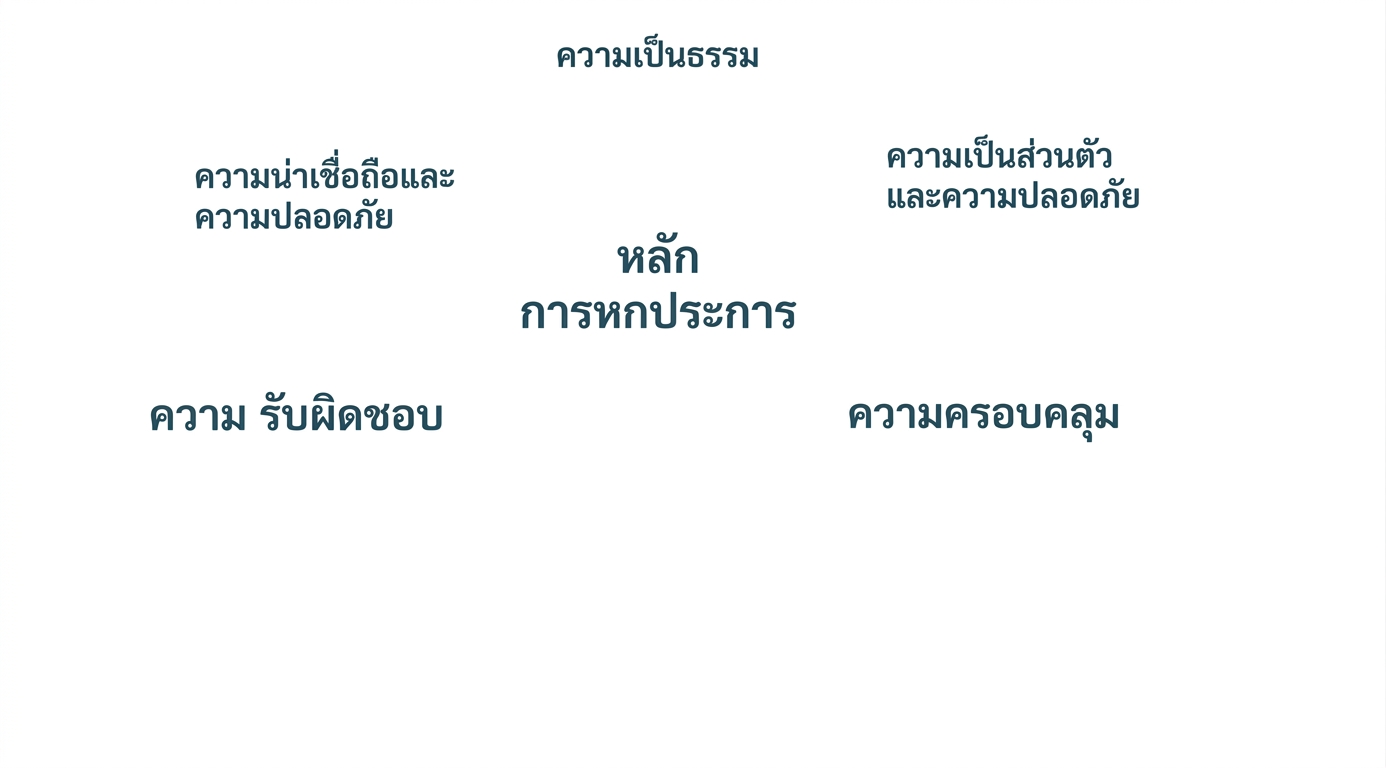 ข้อความระบุว่า "หกหลักการ" พร้อมคำอธิบายหลักการแต่ละข้อโดยรอบ: ความเป็นธรรม ความเป็นส่วนตัวและความปลอดภัย ความน่าเชื่อถือและความปลอดภัย ความรับผิดชอบ การครอบคลุมทุกกลุ่ม