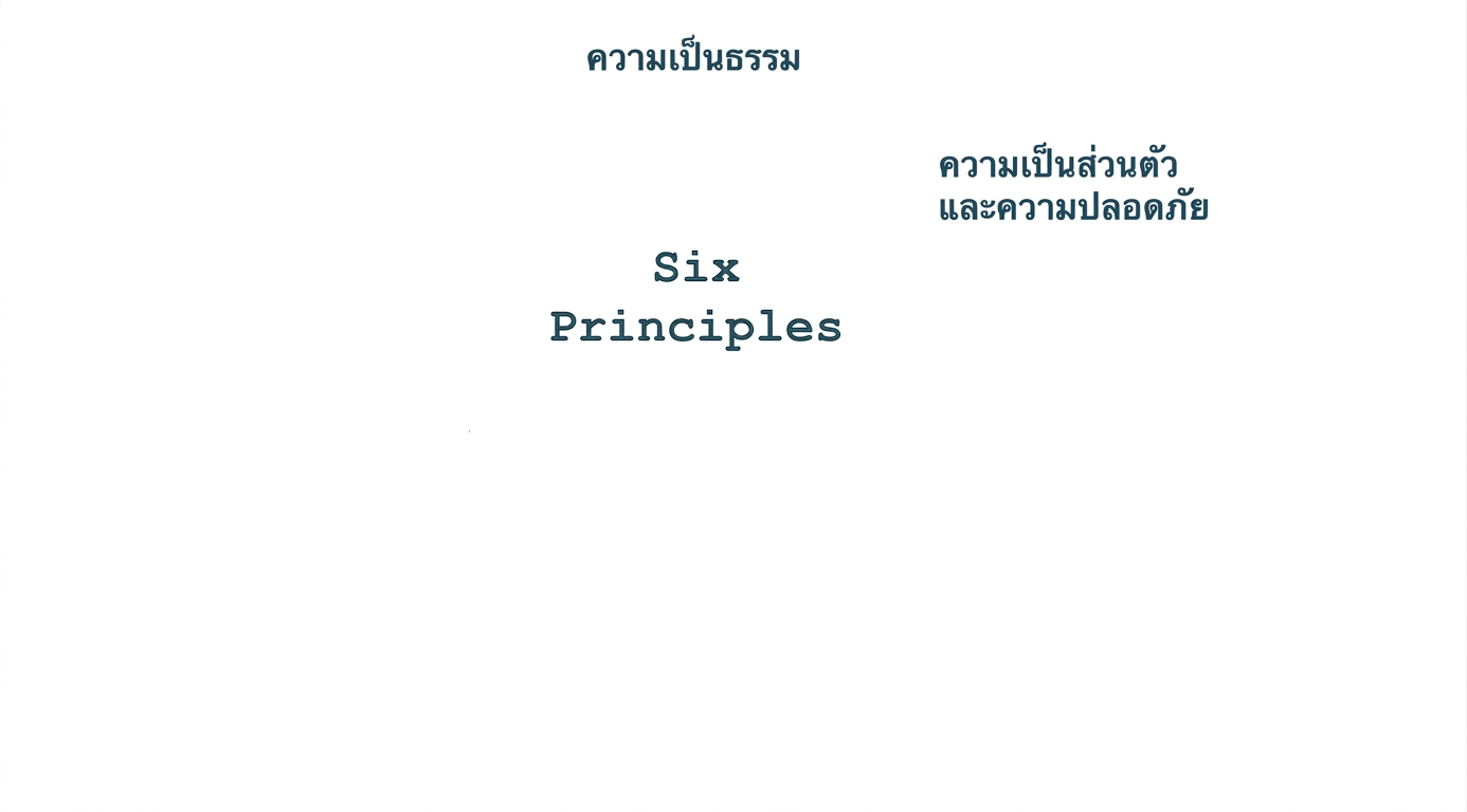 ข้อความระบุว่า "หกหลักการ" พร้อมคำอธิบายหลักการแต่ละข้อโดยรอบ: ความเป็นธรรม ความเป็นส่วนตัวและความปลอดภัย