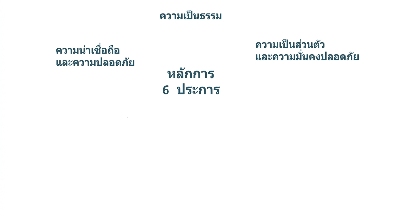 ข้อความระบุว่า "หกหลักการ" พร้อมคำอธิบายหลักการแต่ละข้อโดยรอบ: ความเป็นธรรม ความเป็นส่วนตัวและความปลอดภัย ความน่าเชื่อถือและความปลอดภัย