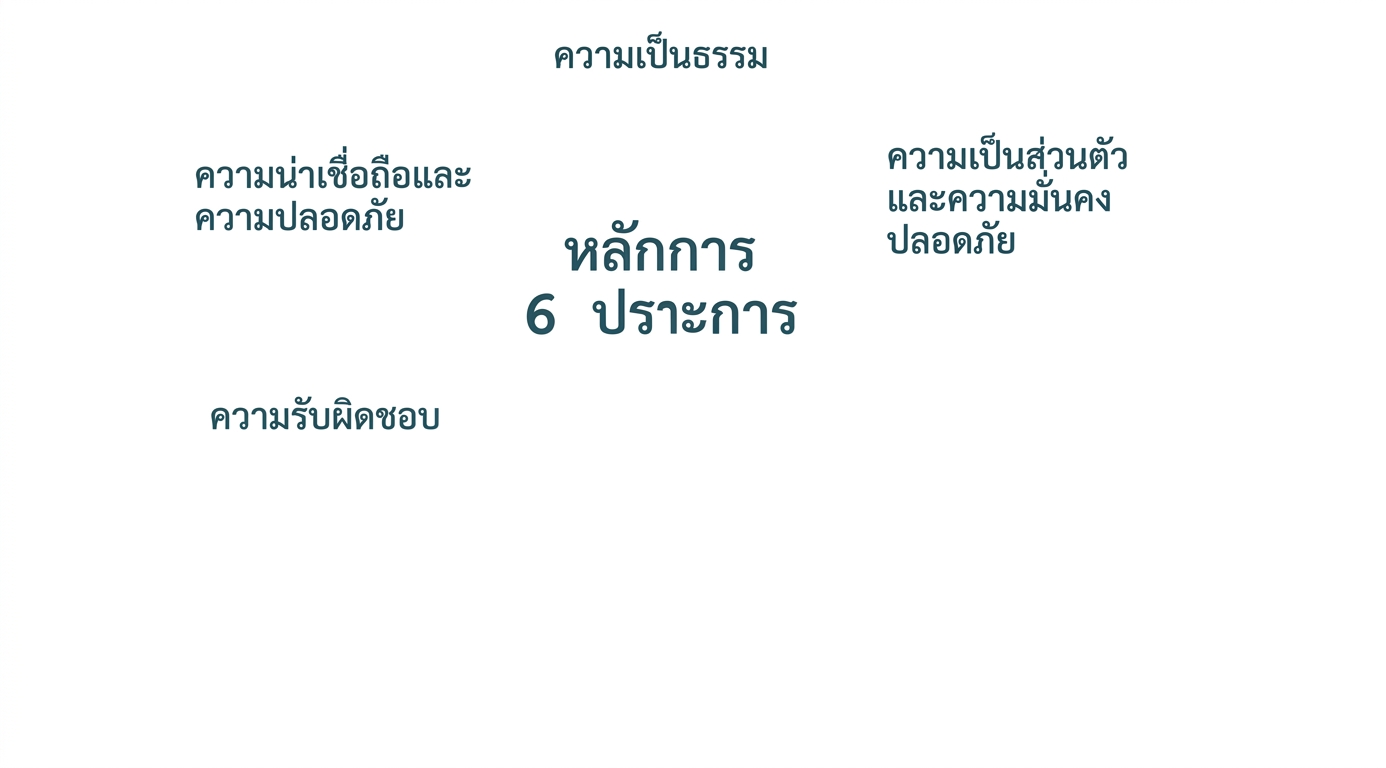 ข้อความระบุว่า "หกหลักการ" พร้อมคำอธิบายหลักการแต่ละข้อโดยรอบ: ความเป็นธรรม ความเป็นส่วนตัวและความปลอดภัย ความน่าเชื่อถือและความปลอดภัย ความรับผิดชอบ