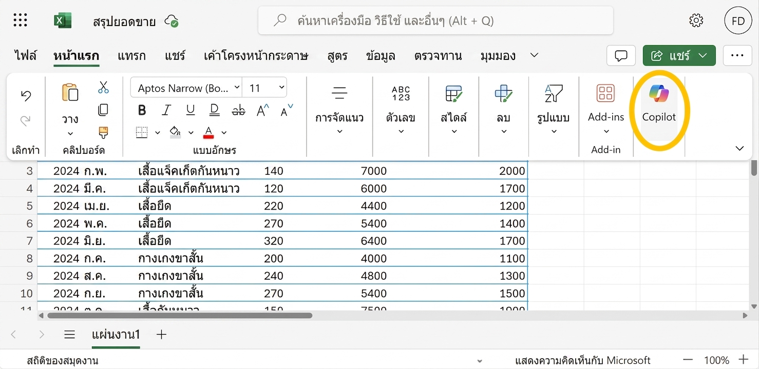 ภาพหน้าจอ Excel ที่ไฮไลต์ไอคอน Copilot
