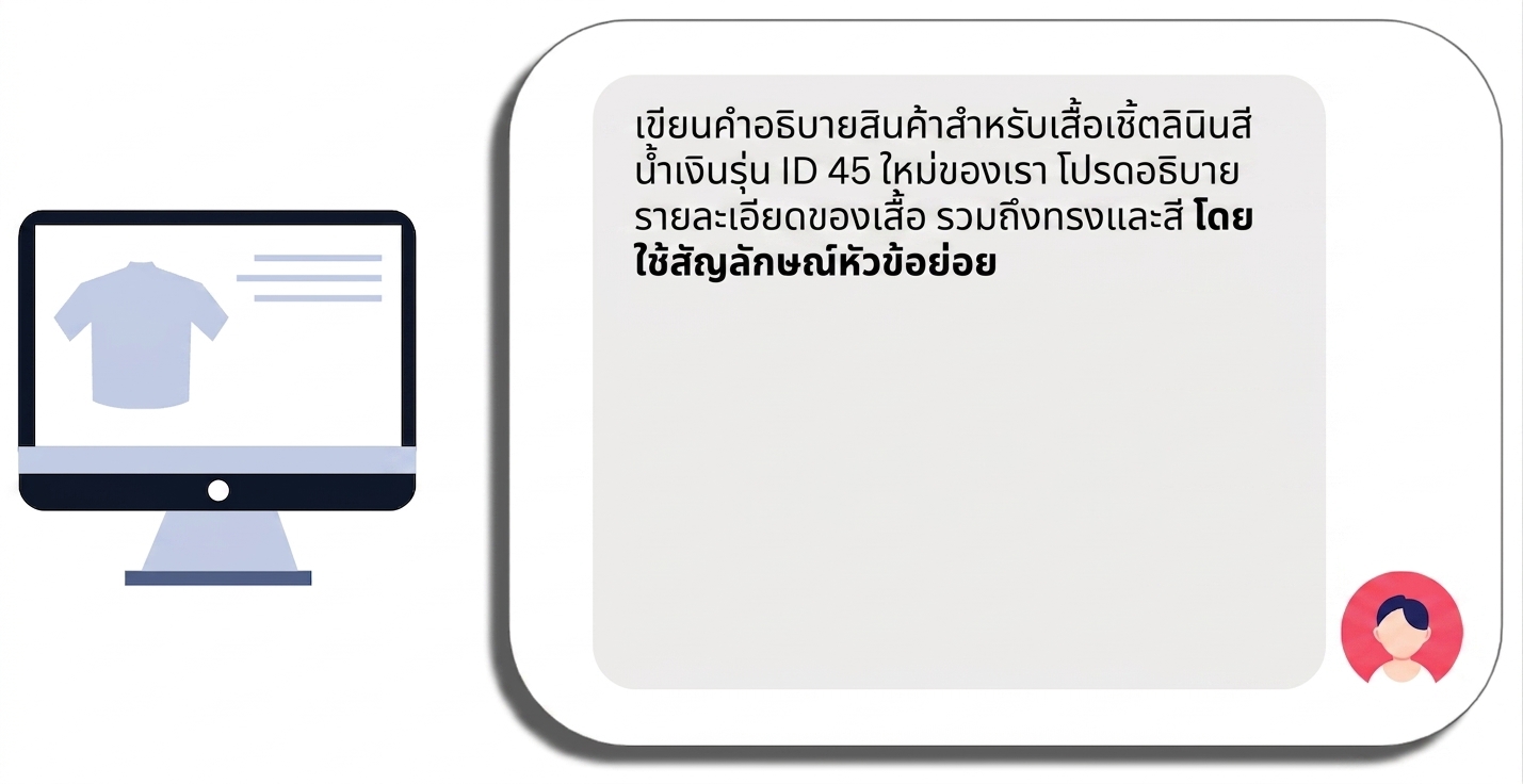 จุดเริ่มต้นของพรอมต์สำหรับคำอธิบายสินค้าเสื้อที่มีชื่อสินค้าเฉพาะและคำขอเฉพาะ