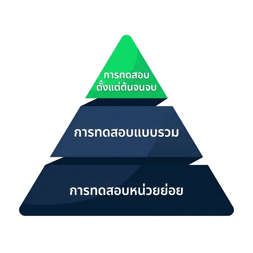nanobanana: half: พีระมิดการทดสอบที่มี 3 ชั้น ฐานกว้างคือ unit tests ชั้นกลางคือ integration tests และยอดแคบคือ end-to-end tests