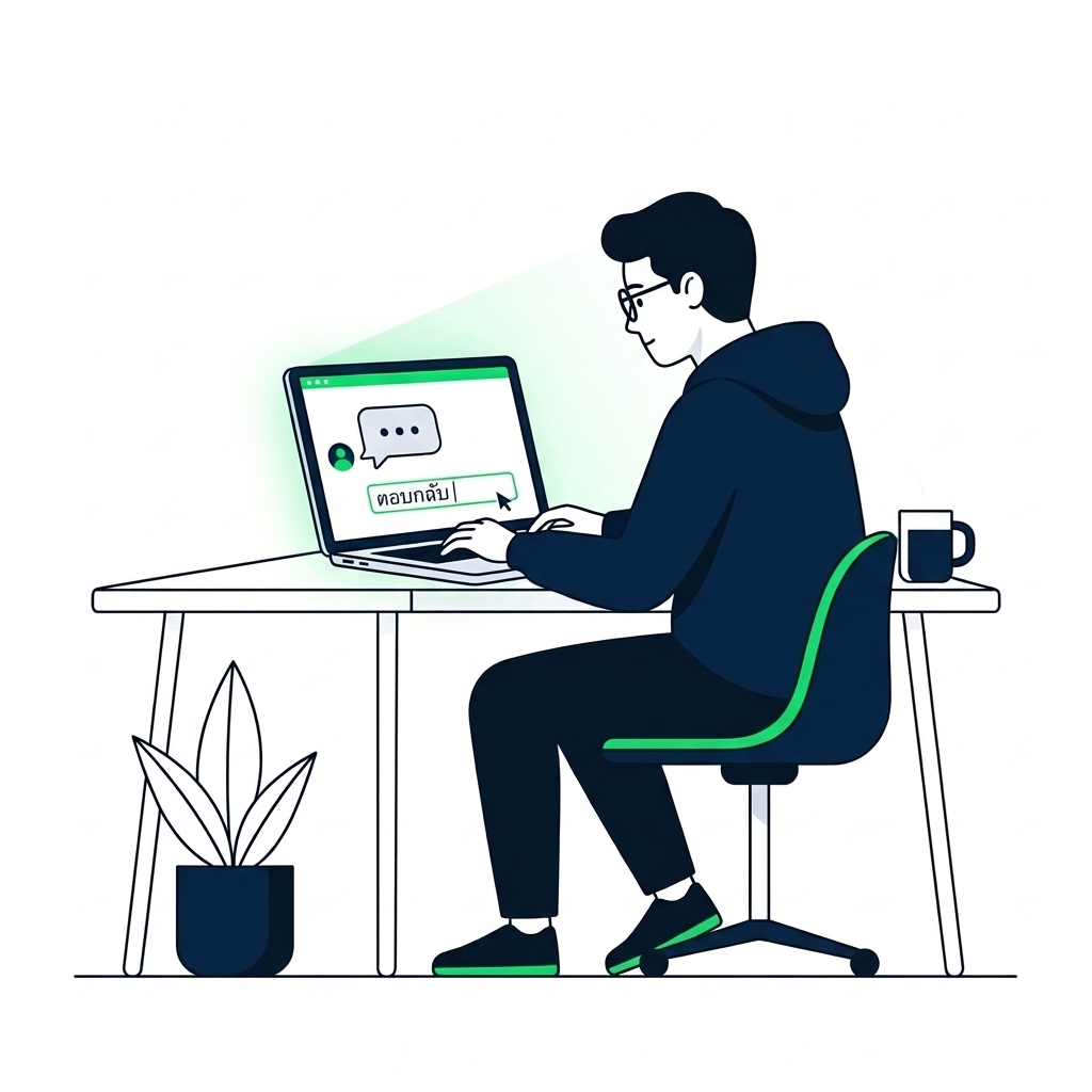 nanobanana: half: นักพัฒนาซอฟต์แวร์กำลังพิมพ์ข้อความใน AI chat บนแล็ปท็อป ภาพถ่ายแบบ focused