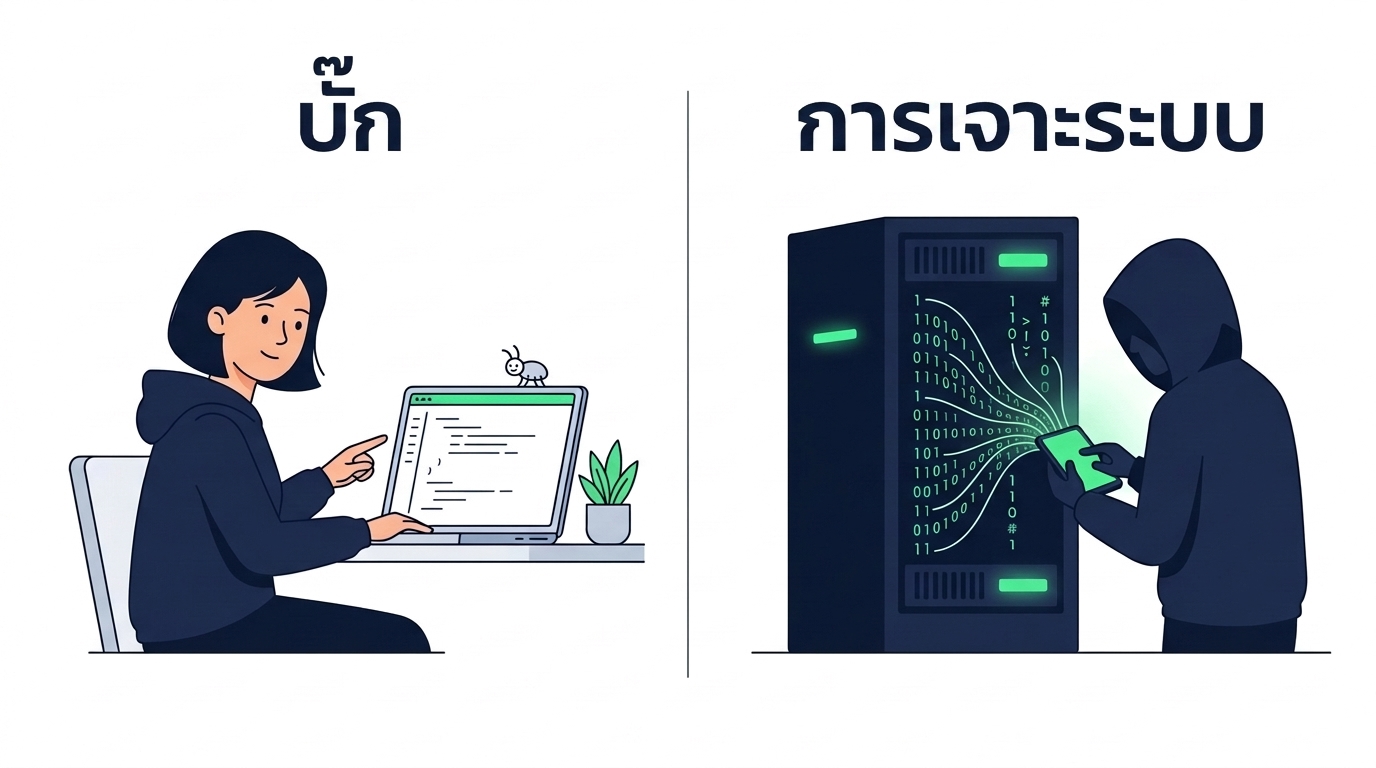 nanobanana: half: นักพัฒนากำลังมองเห็น bug เล็กน้อยบนหน้าจอแล็ปท็อปด้านหนึ่ง และอีกด้านหนึ่งเป็นเงาของบุคคลที่มีข้อมูลไหลออกจากเซิร์ฟเวอร์ ภาพประกอบเวกเตอร์แบบ flat แสดงสองสถานการณ์ที่แตกต่างกัน