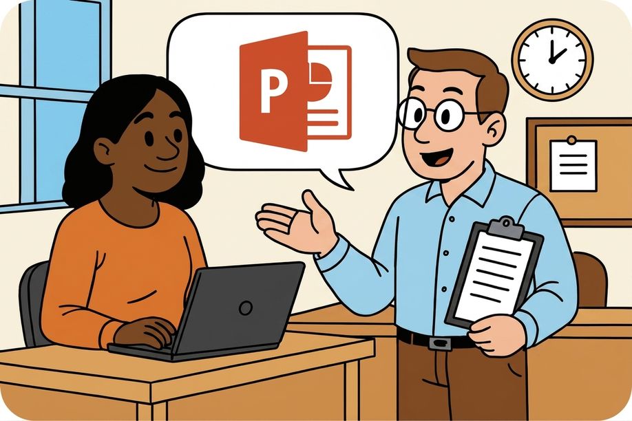 ภาพประกอบคนสองคนคุยกันในสำนักงาน คนหนึ่งกำลังชี้ไอคอน PowerPoint ในบับเบิลข้อความ