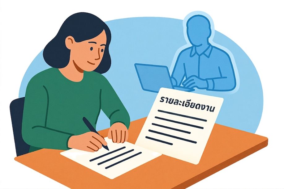 ภาพประกอบผู้หญิงกำลังเขียนเอกสารที่มีป้ายกำกับ "Job Description" สื่อถึงการกำหนดเป้าหมาย บริบท แหล่งข้อมูล และความคาดหวังของ agent โดยใช้กรอบแนวคิด GCSE