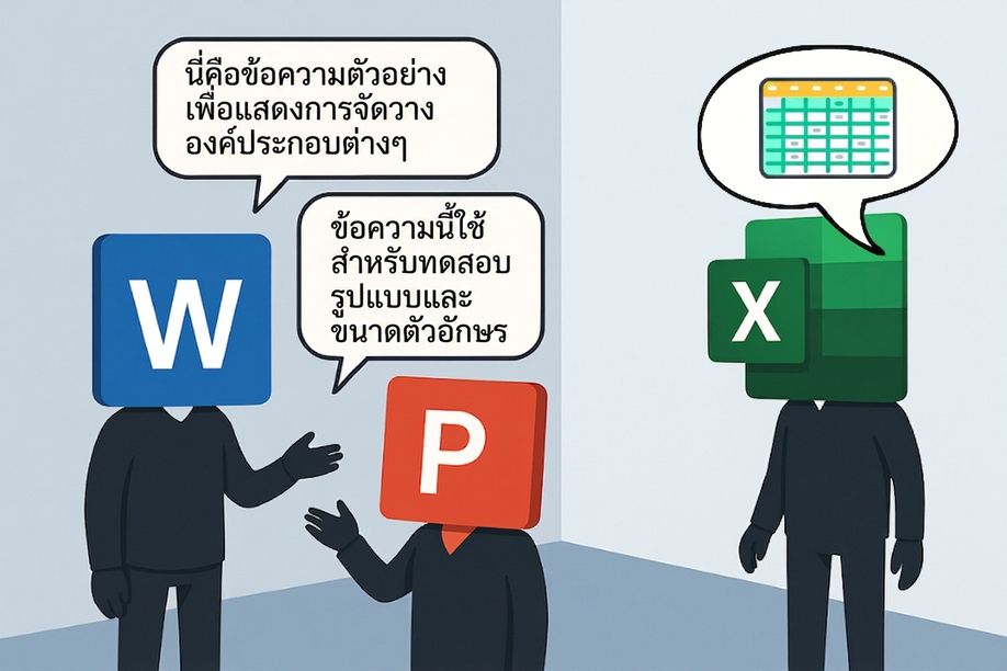 ภาพประกอบสามตัวละครที่มีโลโก้ Microsoft Word, PowerPoint และ Excel เป็นหัว สื่อถึงการทำงานร่วมกันระหว่างแอป Microsoft