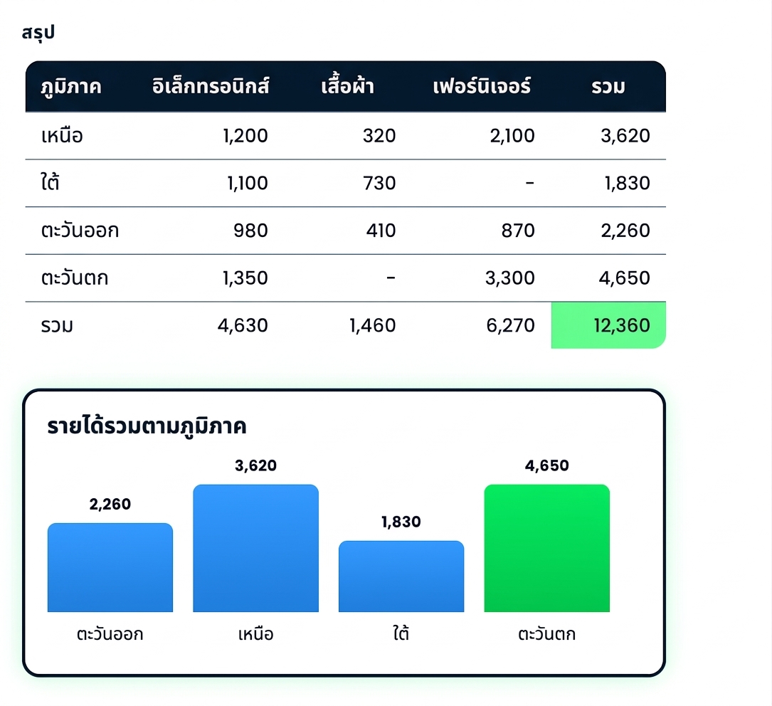 ตาราง pivot แสดงรายได้แยกตามภูมิภาคและหมวดหมู่ พร้อมแผนภูมิแท่งแสดงยอดรวมรายภูมิภาค