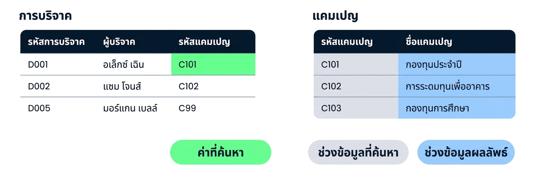ตาราง Donations และ Campaigns วางคู่กัน พร้อมป้ายกำกับอาร์กิวเมนต์ทั้งสามของ XLOOKUP ด้านล่าง