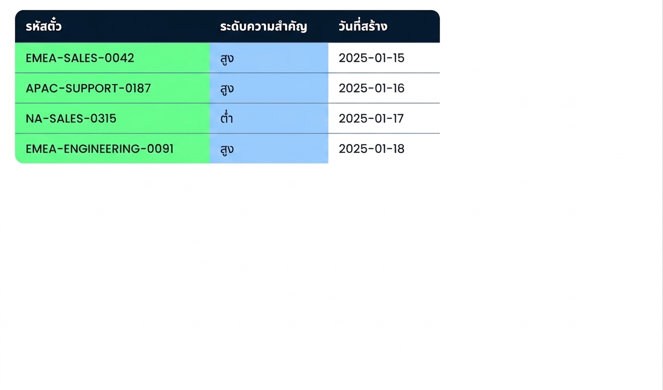 ตาราง Tickets ที่มีคอลัมน์ Ticket ID แบบอัดแน่นและคอลัมน์ Priority ที่ใช้ตัวพิมพ์ปนกันถูกทำเครื่องหมายไว้
