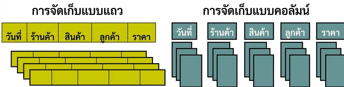 แผนภาพเปรียบเทียบการจัดเก็บแบบ row-store และ column-store