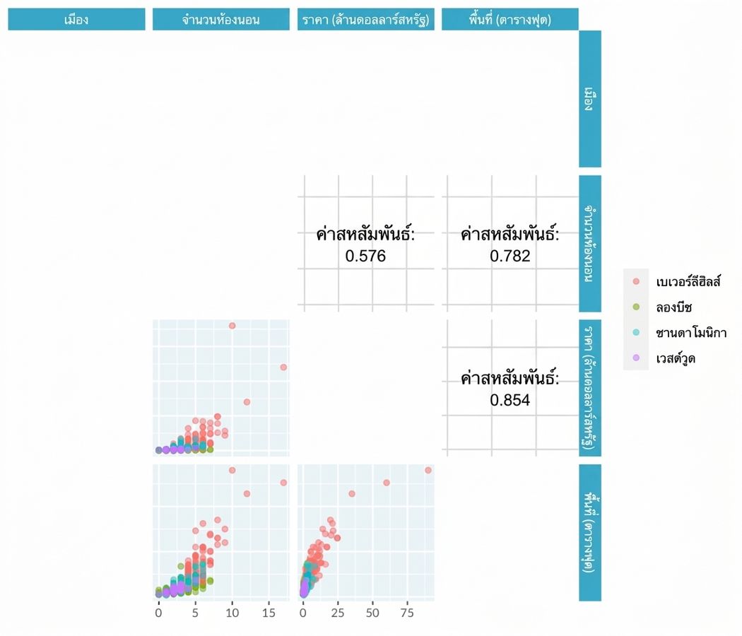 Pair plot ของราคาบ้านในแอลเอ แสดงเฉพาะความสัมพันธ์ระหว่างตัวแปรต่อเนื่อง