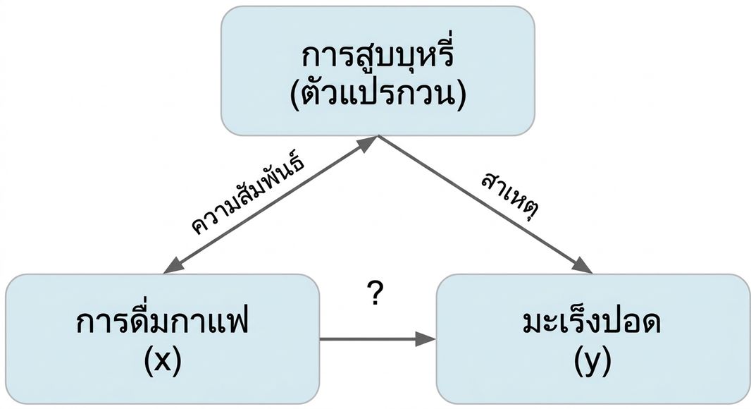 การดื่มกาแฟ (x) ชี้ไปยังมะเร็งปอด (y) โดยมีการสูบบุหรี่ (ตัวแปรกวน) ลูกศรสองทิศทางระหว่างการสูบบุหรี่กับการดื่มกาแฟ ระบุว่า "ความสัมพันธ์" ลูกศรจากการสูบบุหรี่ไปยังมะเร็งปอด ระบุว่า "การเป็นเหตุ"