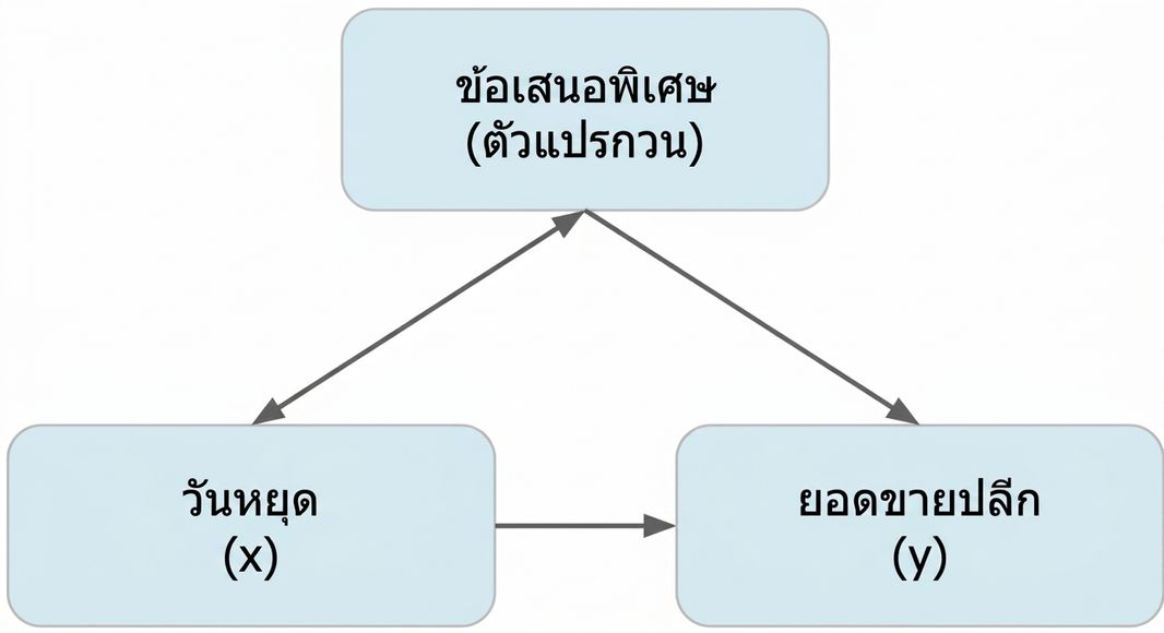 วันหยุด (x) ชี้ไปที่ยอดขายปลีก (y) โปรโมชันพิเศษ (ตัวแปรกวน) มีลูกศรสองทิศทางไปยังวันหยุดและลูกศรทิศทางเดียวไปยังยอดขายปลีก