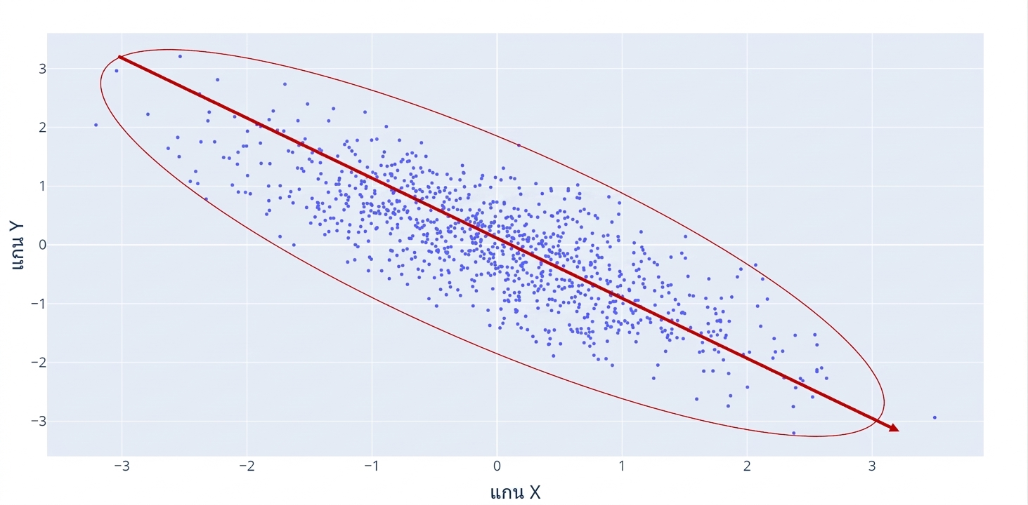 กราฟ scatter plot ที่มีเส้นสีแดงแสดงความสัมพันธ์เชิงลบที่ลดลง วงกลมสีแดงไฮไลต์จุดข้อมูลที่กระจุกตัวกันอย่างหนาแน่น