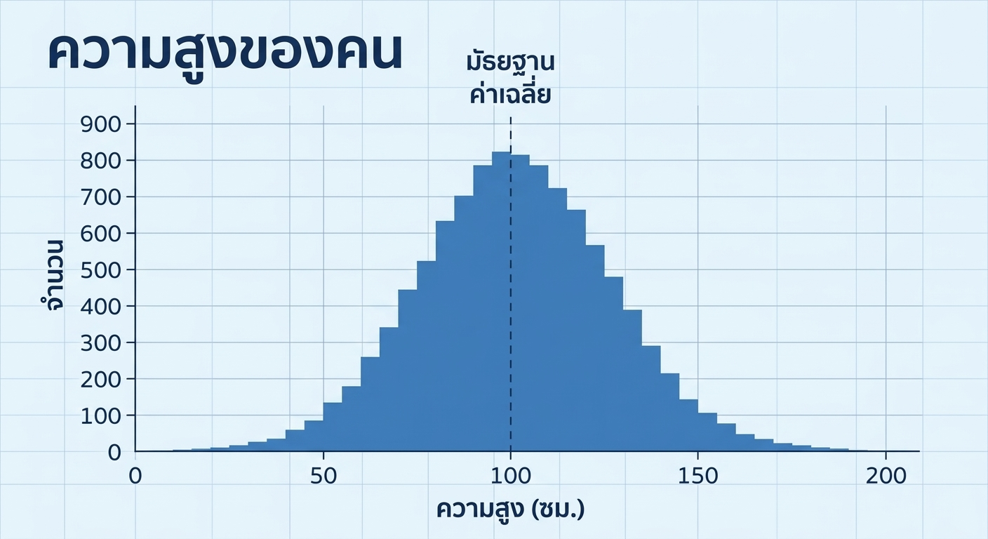 ฮิสโตแกรมของส่วนสูงของผู้คน แกน x แสดงค่าส่วนสูง แกน y แสดงจำนวนการสังเกตในแต่ละช่วงส่วนสูง