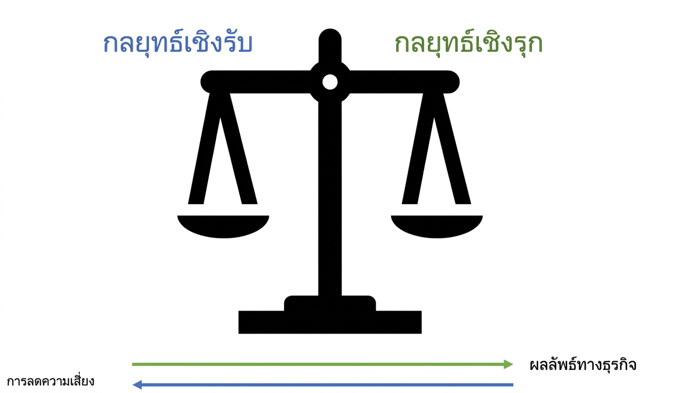 แผนภาพแสดงกลยุทธ์เชิงรับและเชิงรุก โดยมีความสมดุลอยู่ตรงกลาง