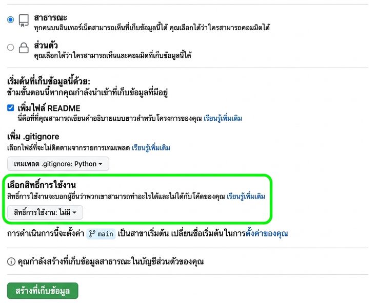 มุมมองหน้าสร้าง repository ใหม่บน GitHub โดยไฮไลต์ตัวเลือก licence