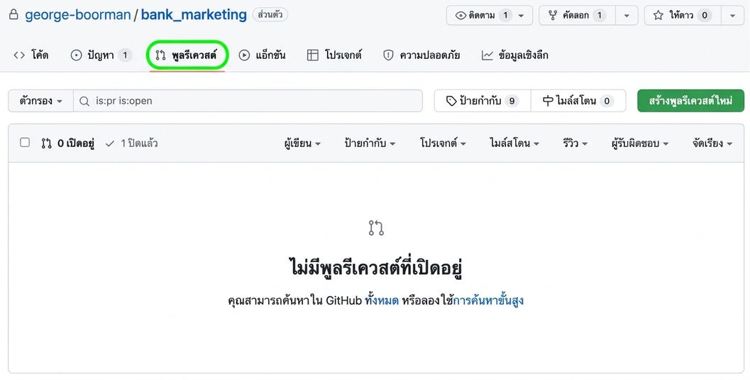 มุมมองแท็บ Pull requests