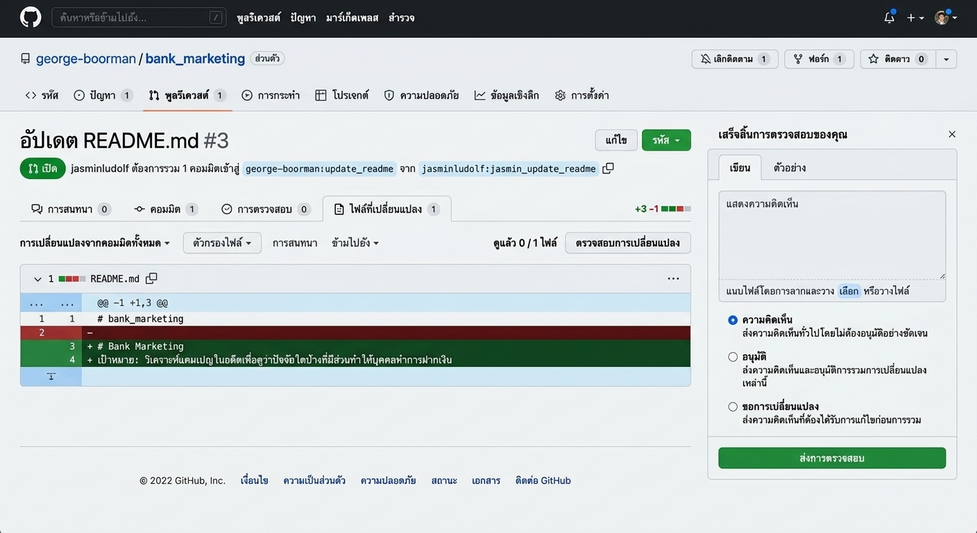 มุมมองของเจ้าของที่แท็บ files changed ใน PR พร้อม dropdown review changes ที่มองเห็น