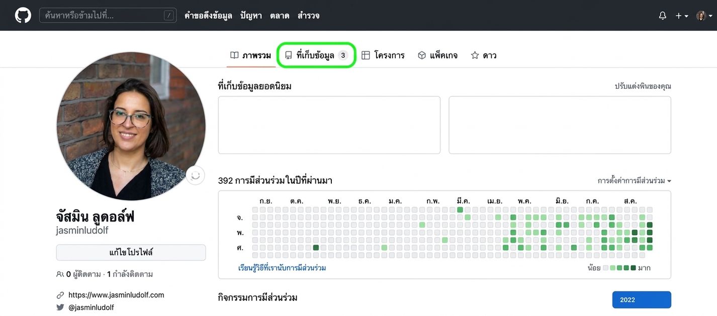 ภาพหน้าจอโปรไฟล์ GitHub โดยมีวงกลมสีเขียวล้อมรอบแท็บ repositories