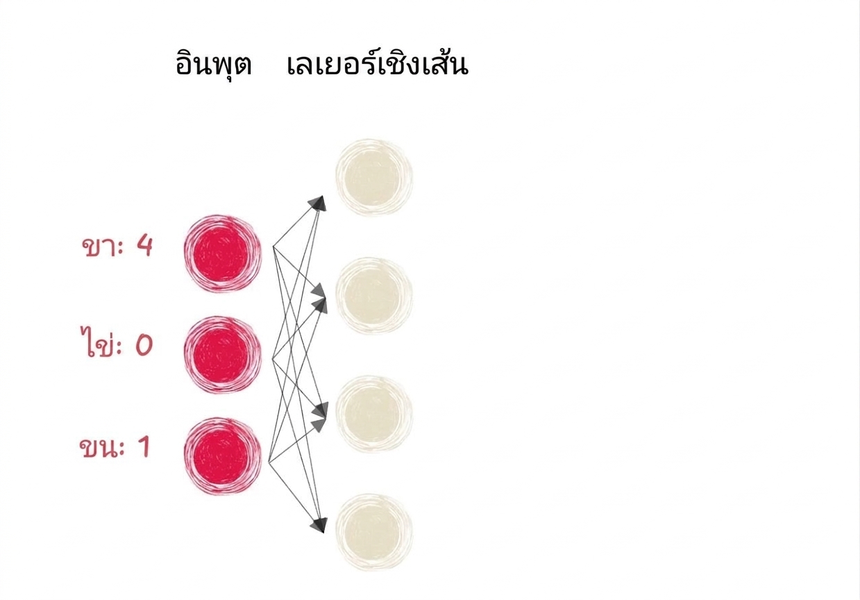 ไดอะแกรมส่วนหนึ่งของโครงข่ายประสาทเทียมที่มี inputs และ linear layers