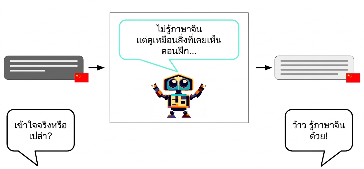 หุ่นยนต์รับข้อมูลตัวอักษรภาษาจีนและส่งออกเป็นตัวอักษรภาษาจีน แต่ภายในกล่องมันคิดว่า "ฉันไม่ได้เข้าใจภาษาจีนจริงๆ แต่นี่ดูเหมือนสิ่งที่เห็นตอนฝึก..."