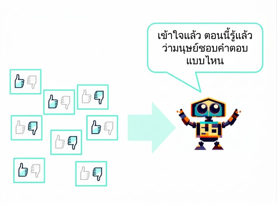 คำตอบหลายรายการที่ได้รับการกดถูกใจและไม่ถูกใจ ส่งไปยังหุ่นยนต์ที่พูดว่า "Okay, now I know what kind of answers the humans like"