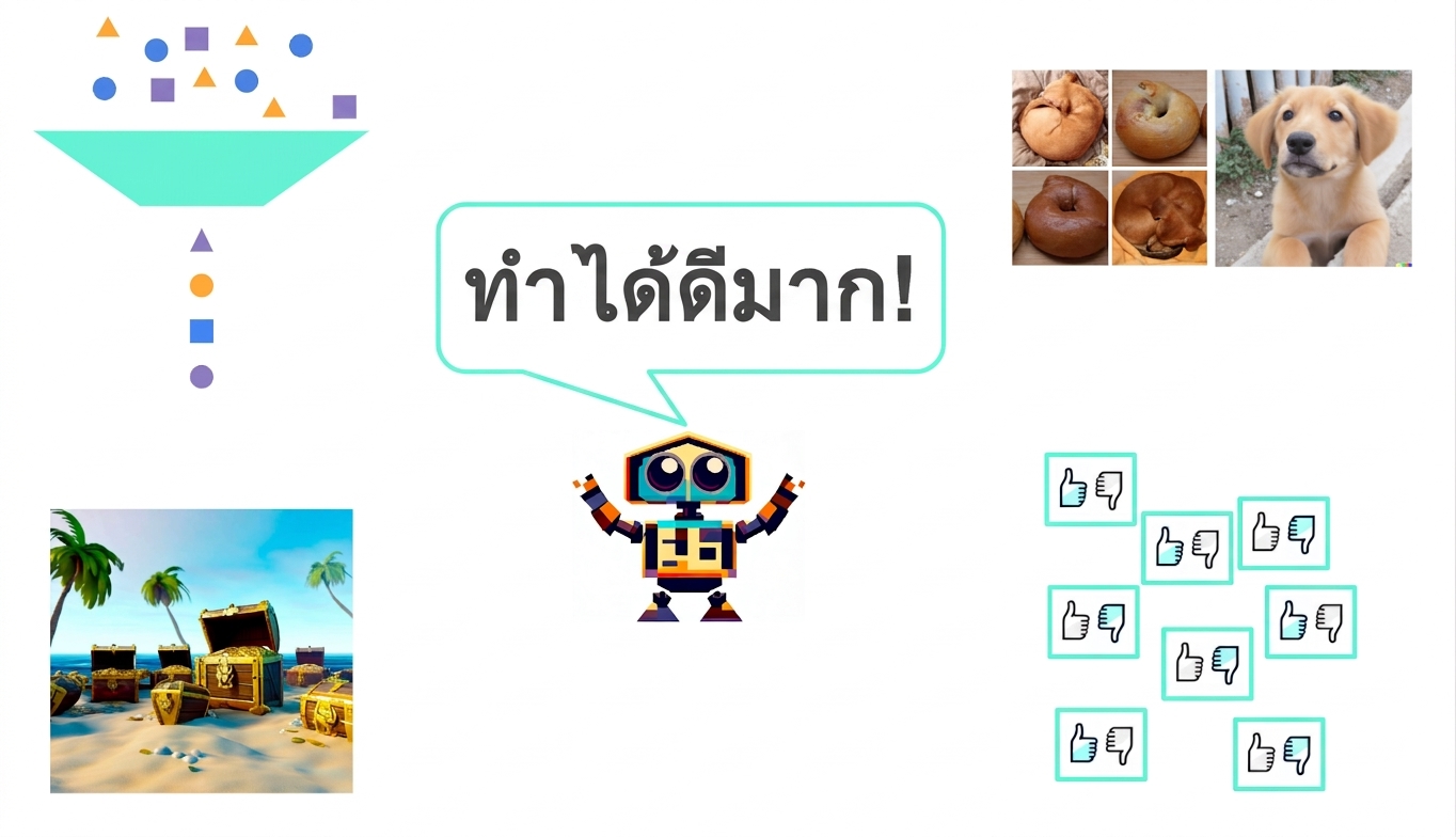 ภาพรวมของเนื้อหาในคอร์ส พร้อมหุ่นยนต์ตรงกลางที่พูดว่า "Great job, human!"