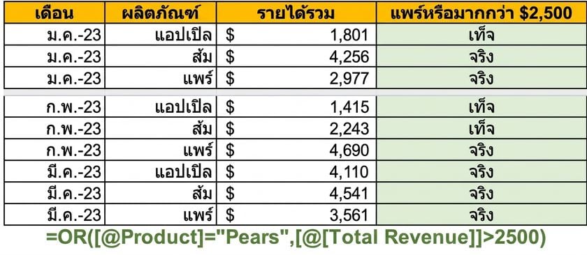ตัวอย่างข้อมูลใน Excel แสดงการสร้างคอลัมน์โดยใช้ฟังก์ชัน OR และตัวแปรสองตัวเป็นเงื่อนไข