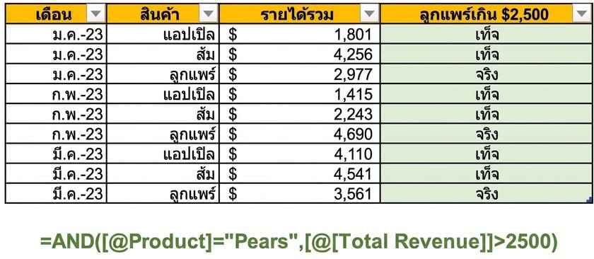 ตัวอย่างข้อมูลใน Excel แสดงการสร้างคอลัมน์โดยใช้ฟังก์ชัน AND และตัวแปรสองตัวเป็นเงื่อนไข