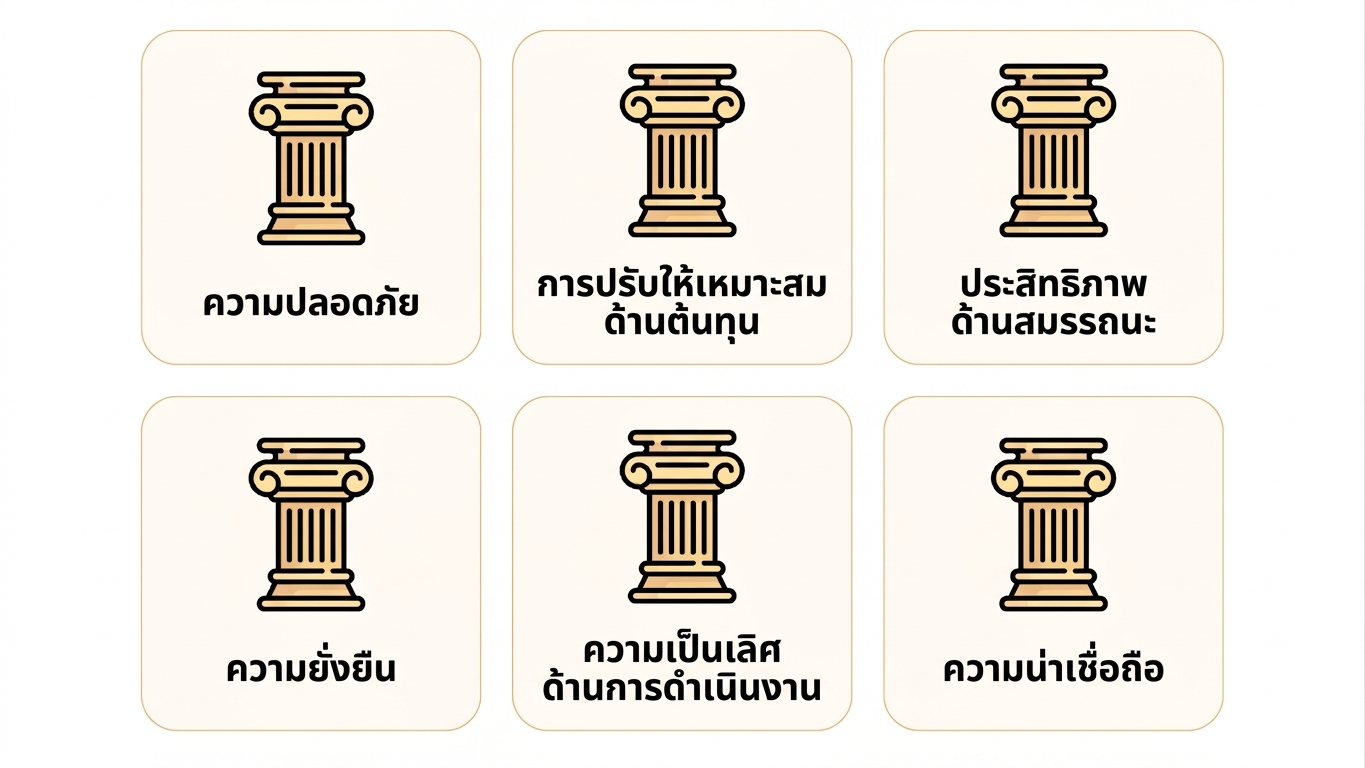 เสาหลักทั้งหกของ Framework ได้แก่ Security, Cost Optimization, Performance Efficiency, Sustainability, Operational Excellence และ Reliability