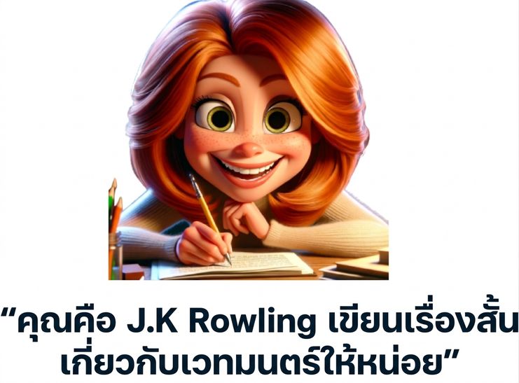 บุคคลที่ดูมีความสุขพร้อม Prompt "คุณคือ J.K. Rowling เขียนเรื่องสั้นเกี่ยวกับเวทมนตร์ให้ฉันหน่อย"