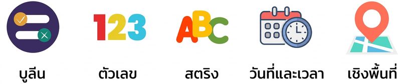 ภาพประเภทข้อมูลที่แสดง Boolean, Numeric และ String