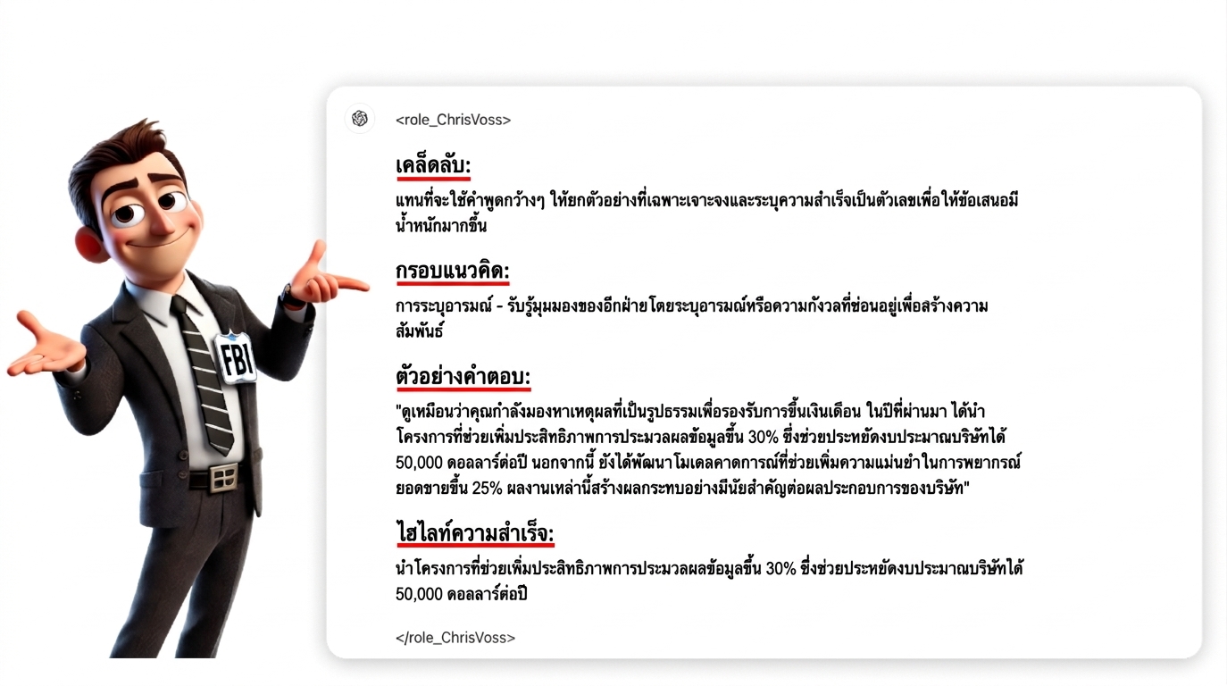 ภาพแสดงตัวการ์ตูนสวมชุด FBI กำลังชี้ไปที่การตอบสนองต่อ prompt ที่มีโครงสร้างชัดเจน