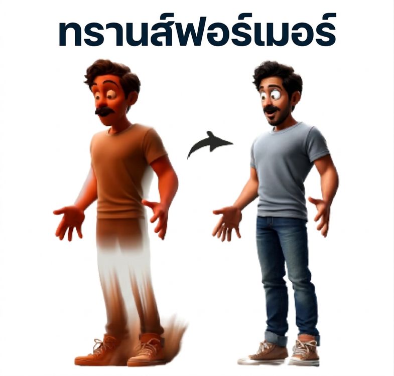 ภาพประกอบชายที่กำลังเปลี่ยนแปลงจากสภาพหนึ่งไปอีกสภาพ พร้อมคำว่า 'Transformer' อยู่ด้านบน