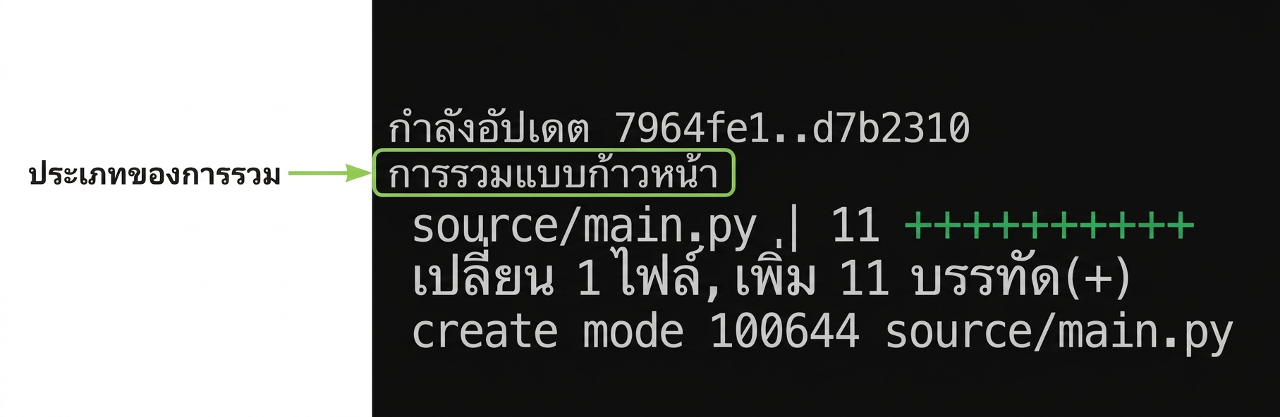 ผลลัพธ์ git_merge พร้อมไฮไลต์ประเภทของการ merge