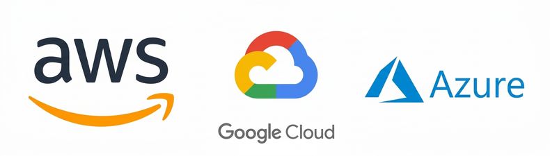โลโก้ของผู้ให้บริการ cloud ได้แก่ AWS, GCP และ Azure