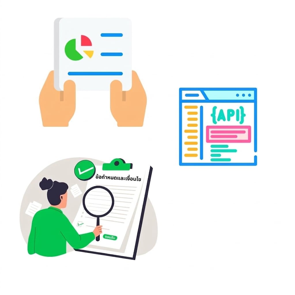 หน้าเอกสารที่แสดงถึงเอกสารที่ถูกสรุปแล้ว หน้าต่างที่เปิดอยู่บน repository โค้ด API และคนกำลังอ่านเอกสารทางการ