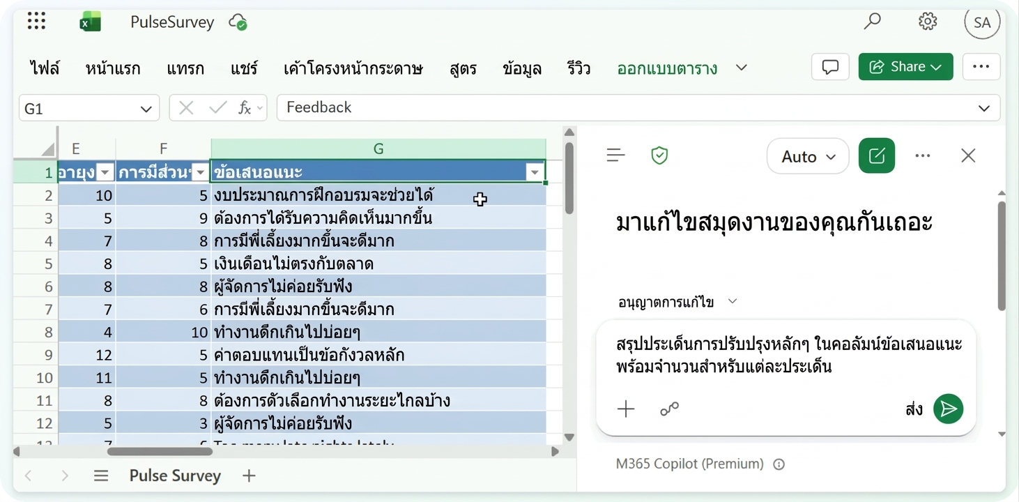 แบบสำรวจเดียวกันเลื่อนไปที่คอลัมน์ Feedback พร้อมคำขอวิเคราะห์ธีมที่พิมพ์ใน Copilot